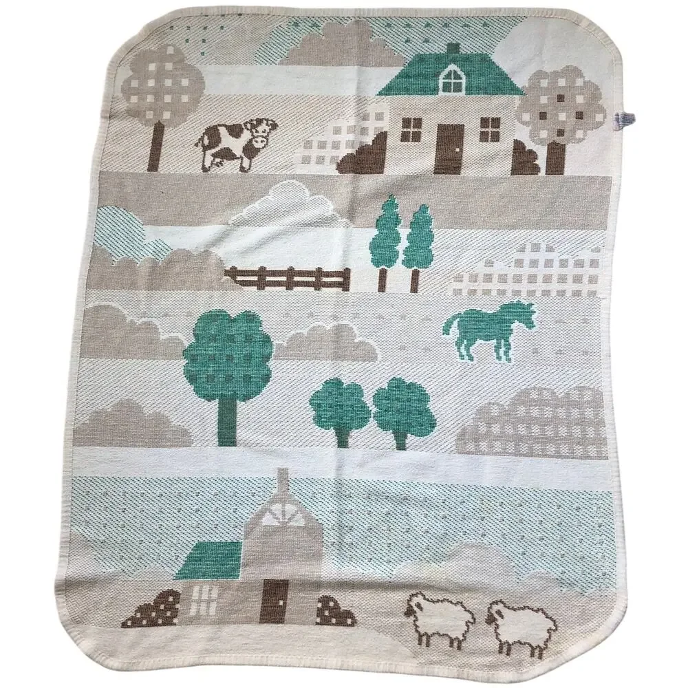 Cotton Throw Blanket Mora Made in Spain House and Trees Tan Green 44x54in Vtg